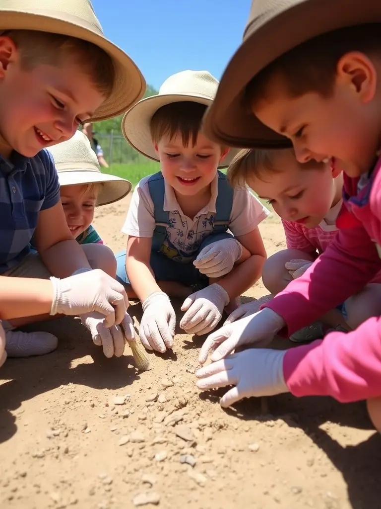 A photograph of children participating in an archaeological dig at La Chapelle-aux-Saints, supervised by archaeologists, showcasing hands-on learning and engagement with history.