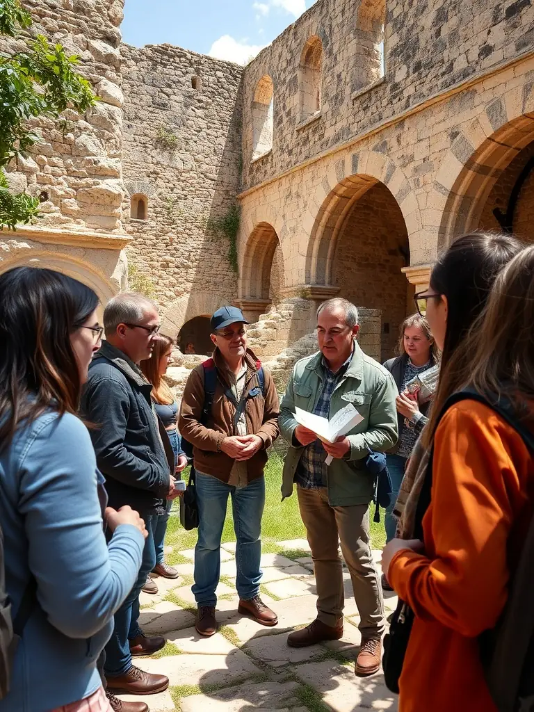 A photograph of a guided tour at the La Chapelle-aux-Saints archaeological site, with a guide explaining the historical significance to visitors.