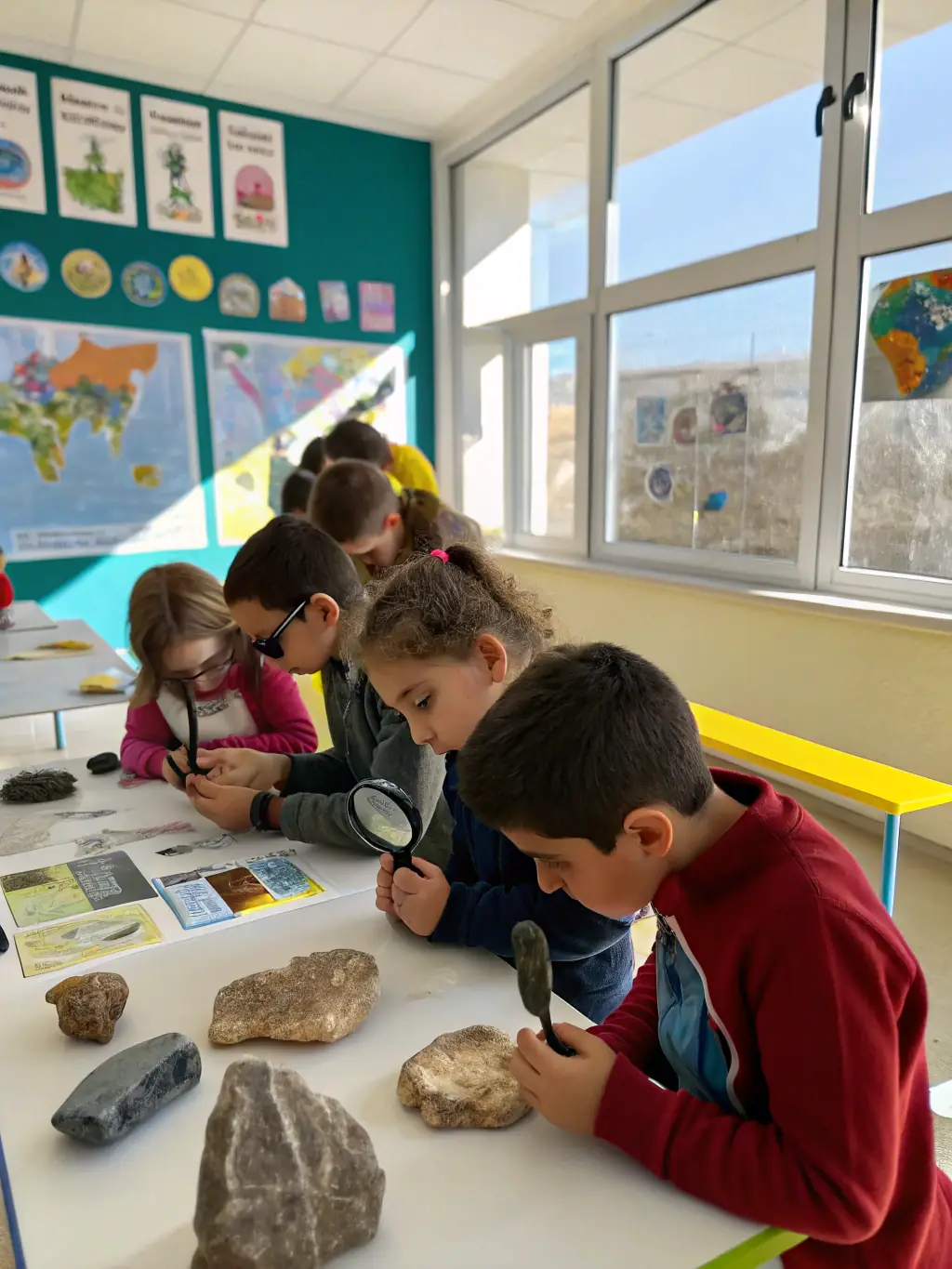 A photo of children participating in an educational workshop at the museum, learning about Neanderthal tools and artifacts.