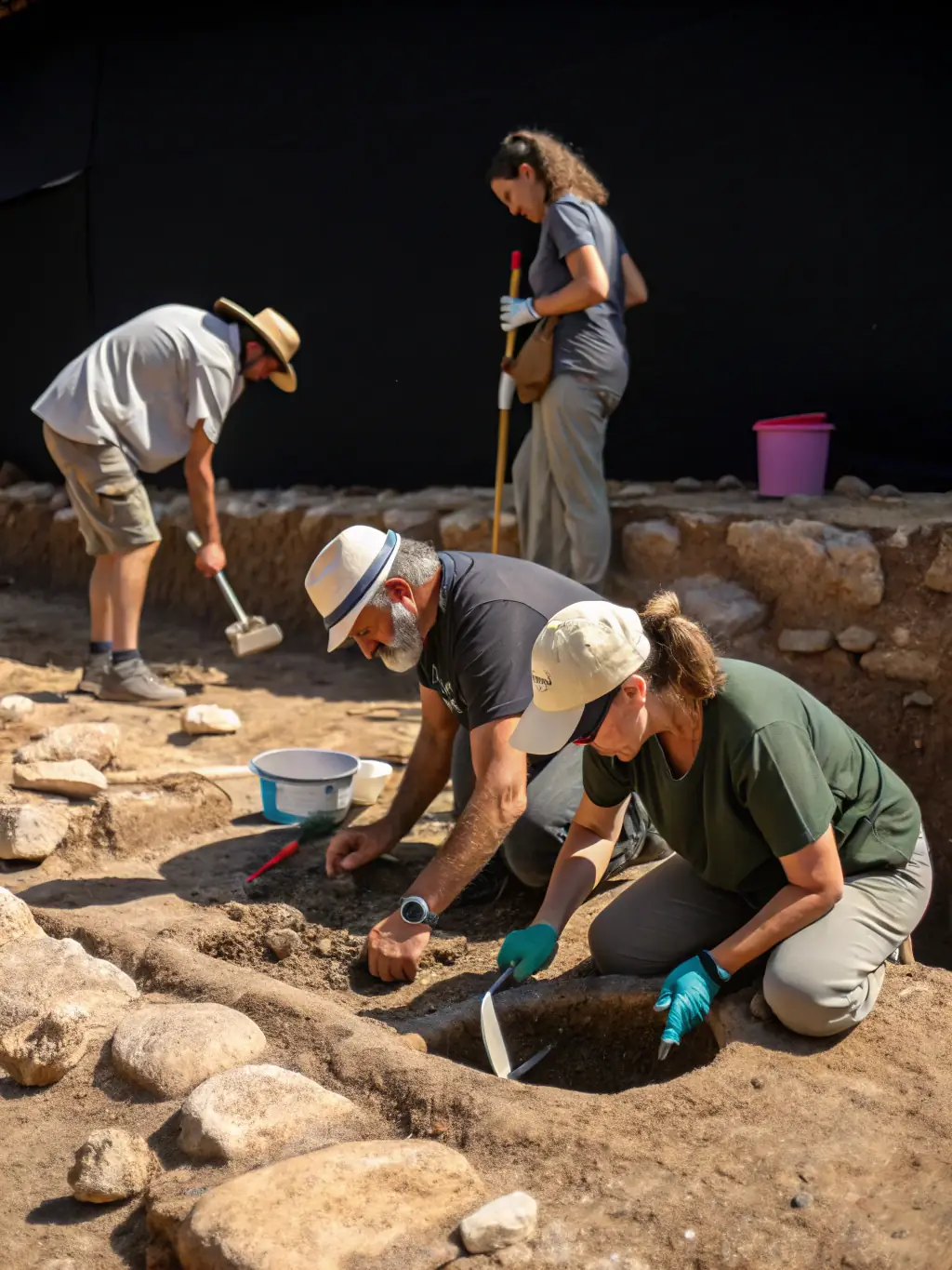 A photograph of volunteers working on the preservation of an archaeological site, carefully cleaning and documenting findings, highlighting community involvement.