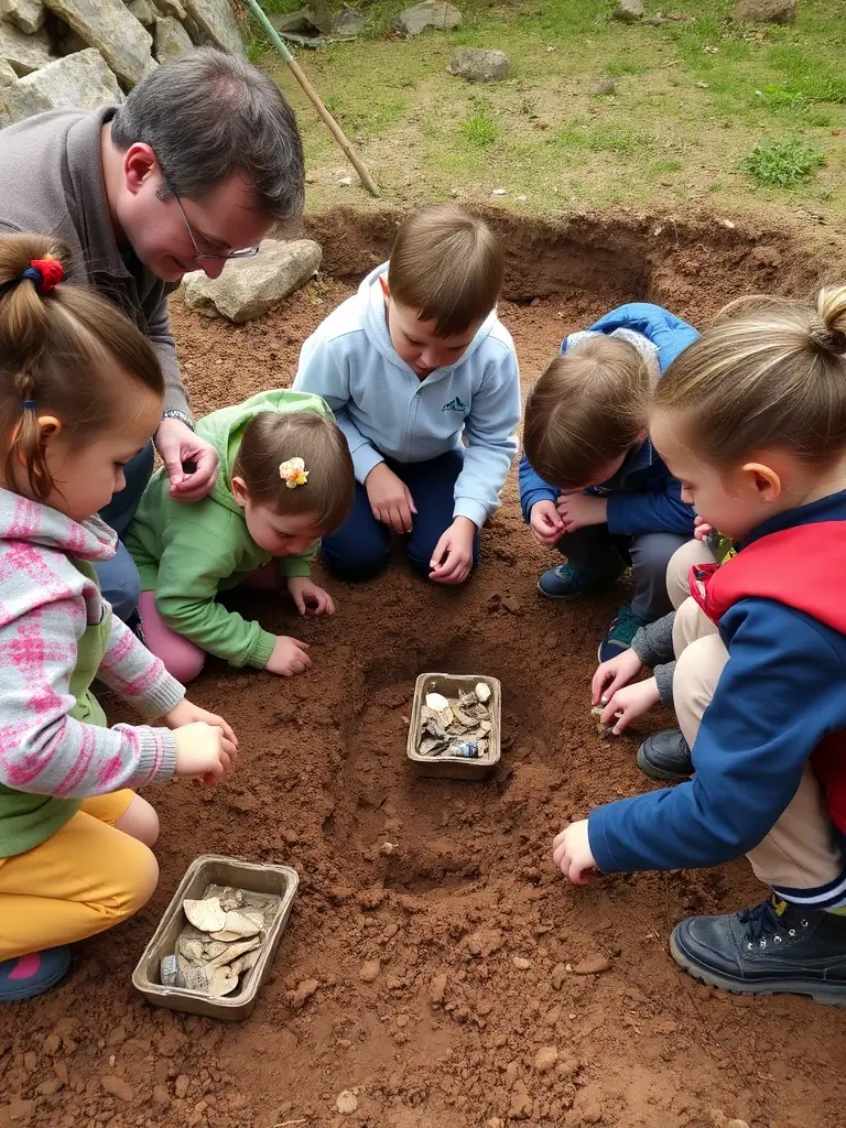 A photograph depicting children participating in an archaeological dig at La Chapelle-aux-Saints, carefully excavating artifacts under the supervision of experienced archaeologists. The image should convey excitement and hands-on learning.