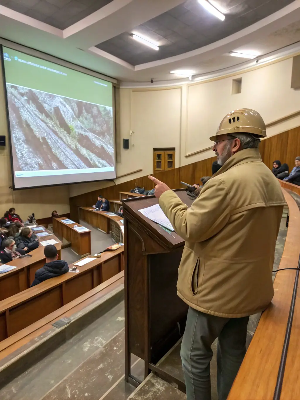 A photograph of a public lecture on Neanderthal archaeology, with an expert speaker presenting findings to an engaged audience, promoting scientific understanding.
